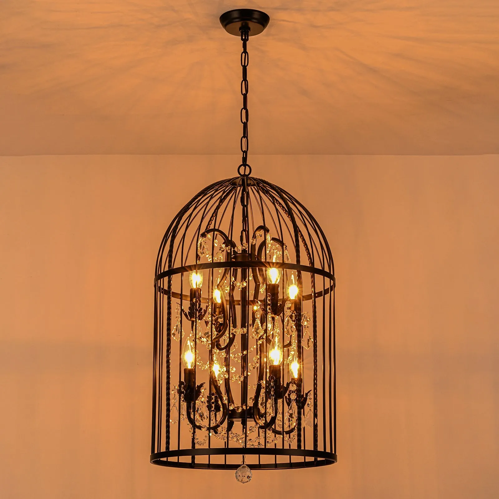 Glowlings 8-Light Vintage 18"Wide Black Lantern Bird Cage Pendant Light with Crystal Accents