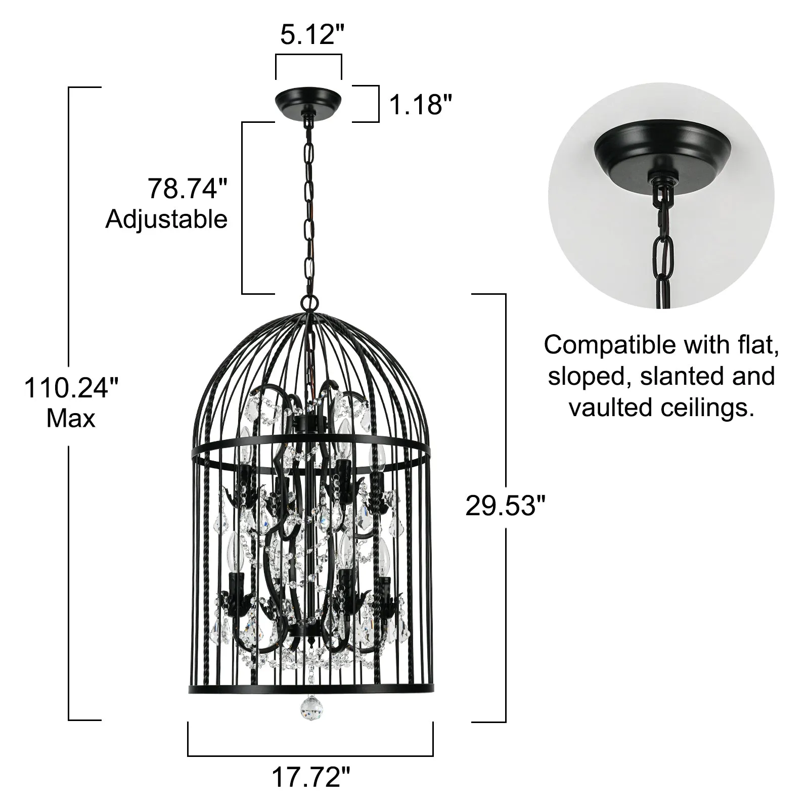 Glowlings 8-Light Vintage 18"Wide Black Lantern Bird Cage Pendant Light with Crystal Accents