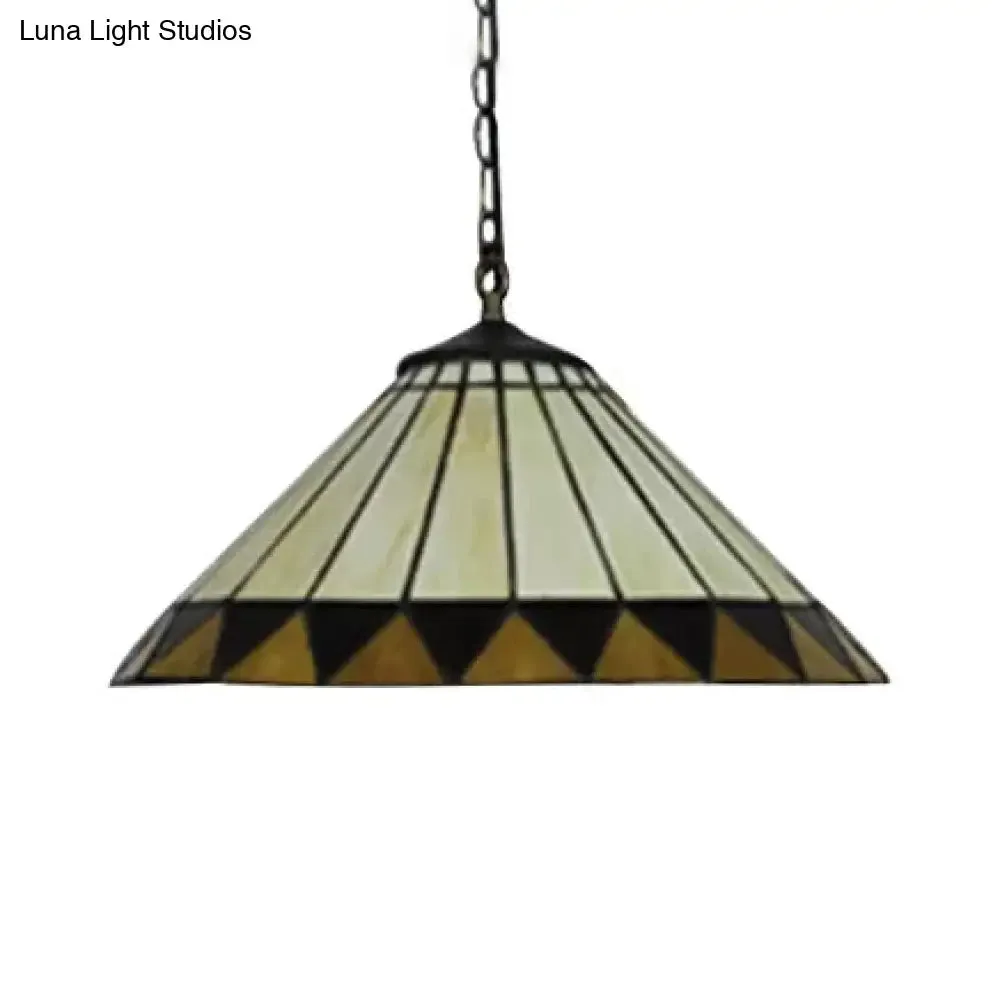 Handcrafted Tiffany-Style 2-Headed Suspension Lamp with Fish Tail, Gem, and Triangle Art Glass in Beige