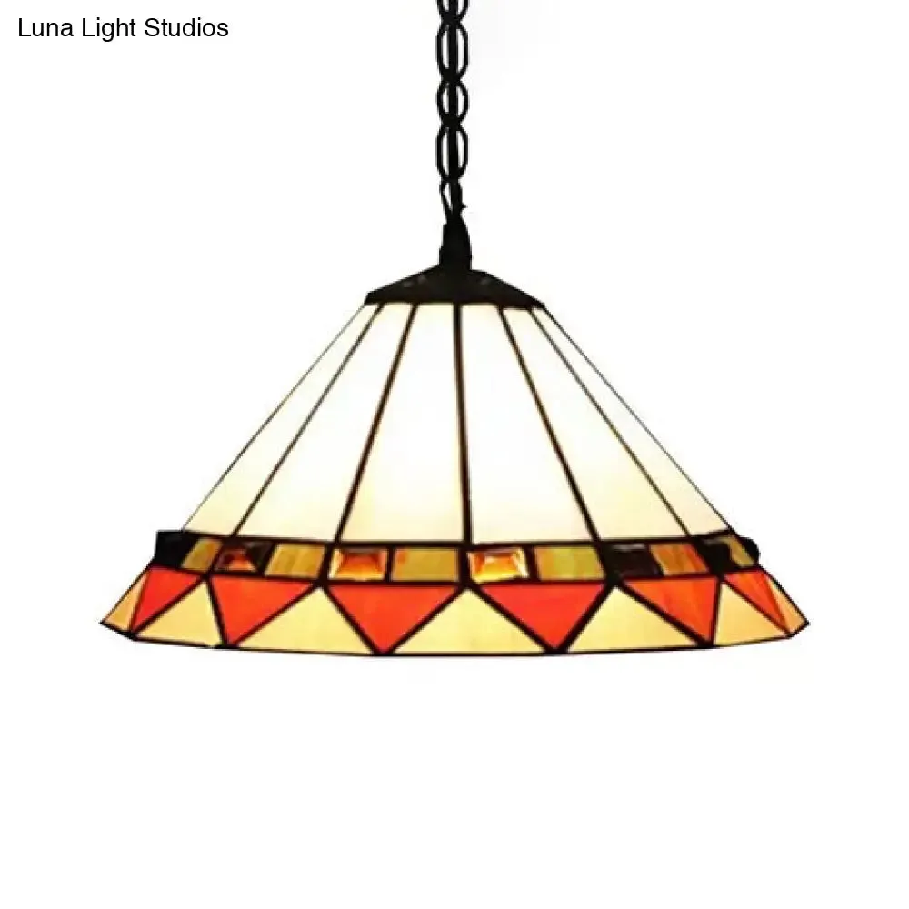 Handcrafted Tiffany-Style 2-Headed Suspension Lamp with Fish Tail, Gem, and Triangle Art Glass in Beige