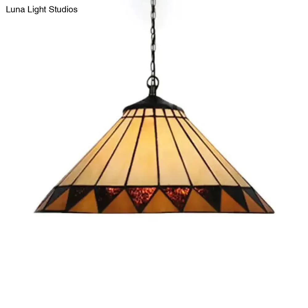 Handcrafted Tiffany-Style 2-Headed Suspension Lamp with Fish Tail, Gem, and Triangle Art Glass in Beige