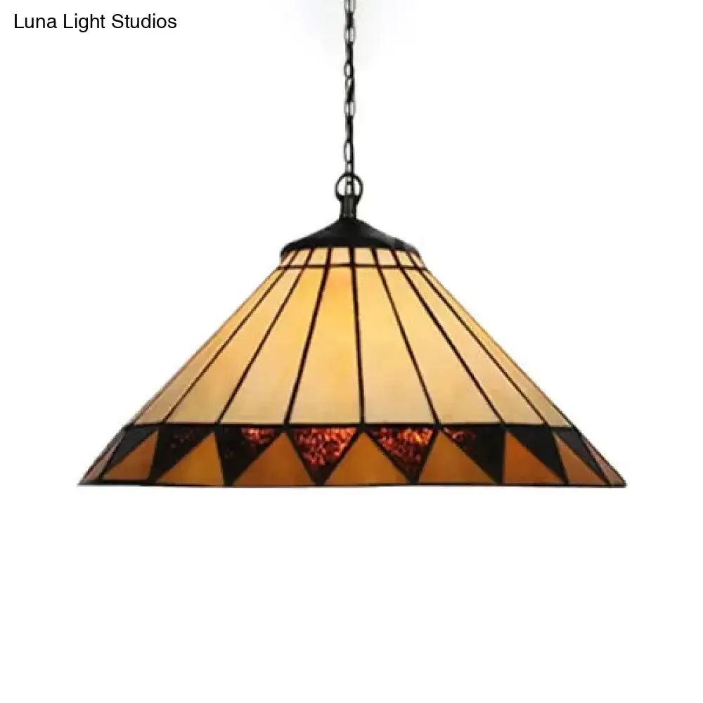 Handcrafted Tiffany-Style 2-Headed Suspension Lamp with Fish Tail, Gem, and Triangle Art Glass in Beige