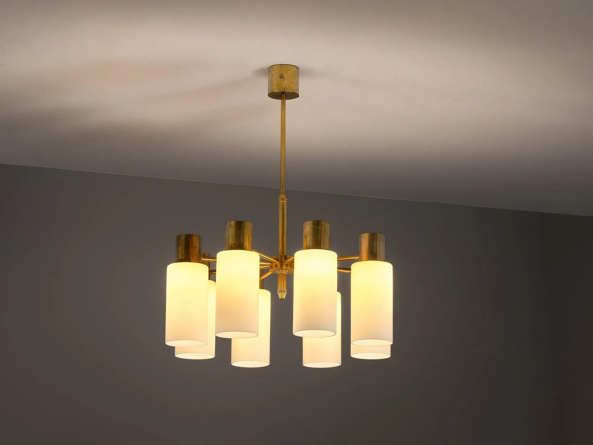 Hans-Agne Jakobsson Chandelier in Brass and White Opaque Glass