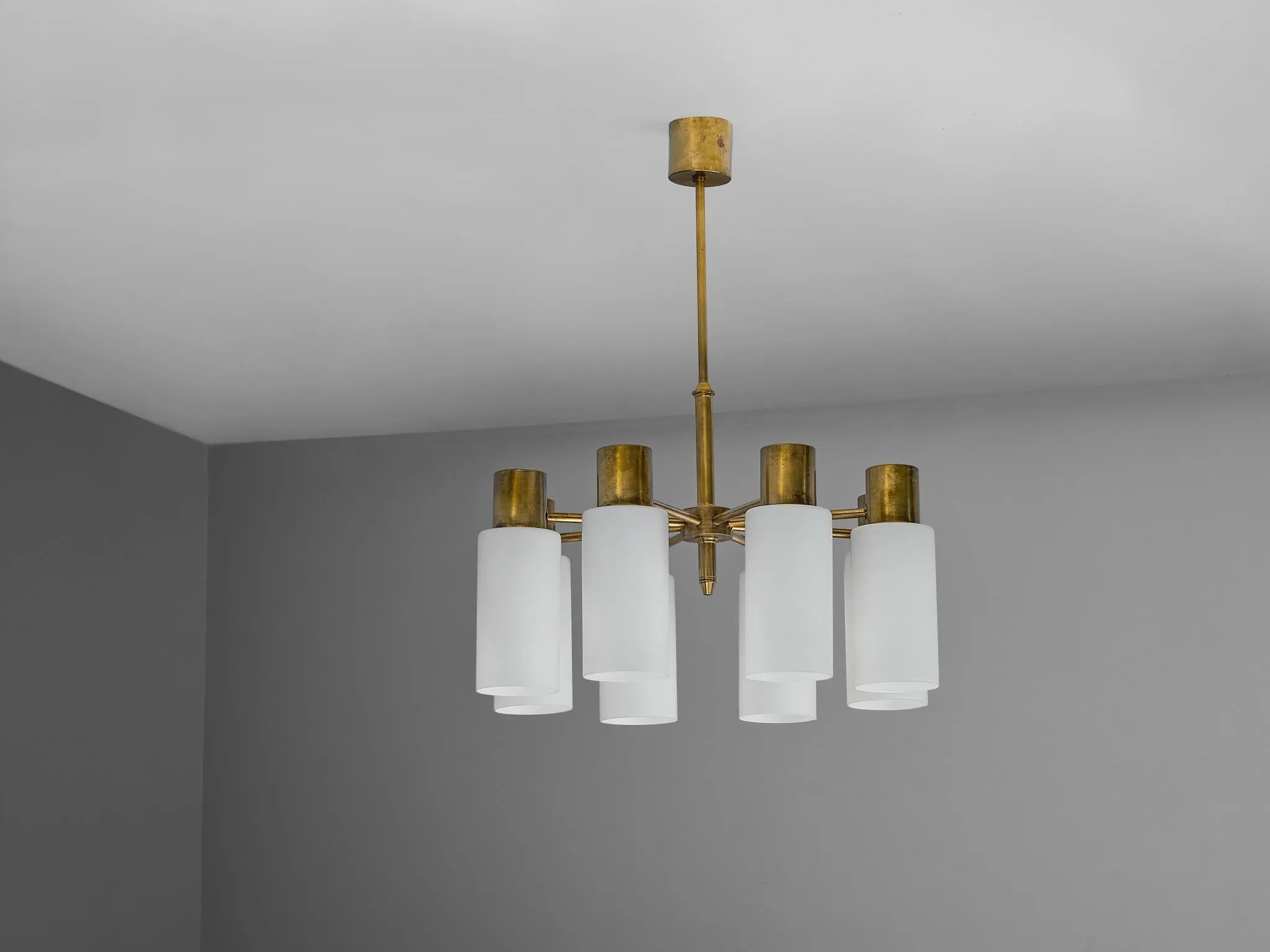 Hans-Agne Jakobsson Chandelier in Brass and White Opaque Glass