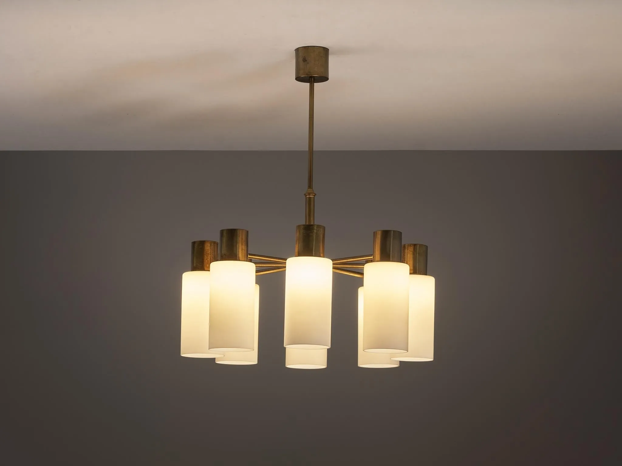 Hans-Agne Jakobsson Chandelier in Brass and White Opaque Glass