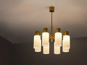 Hans-Agne Jakobsson Chandelier in Brass and White Opaque Glass