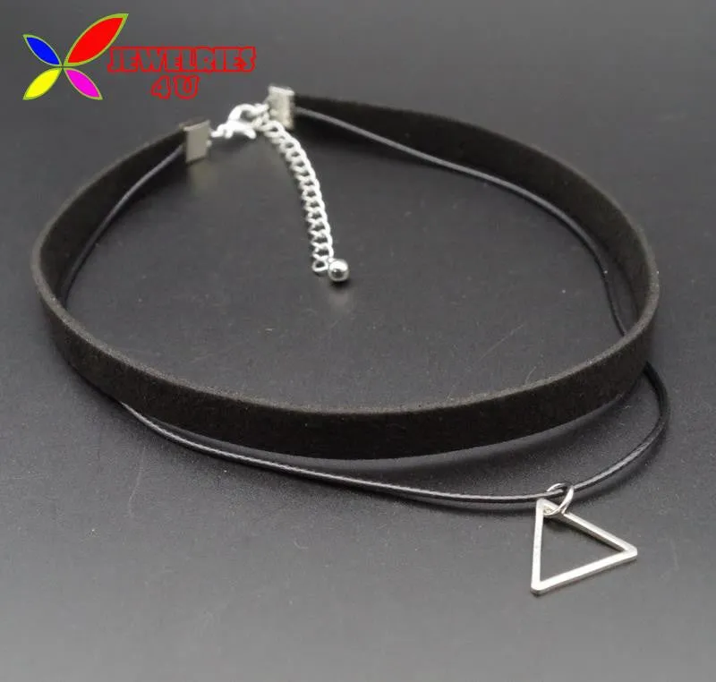 Hot Faux Leather Simple Black Velvet Rope Silver Triangle False Collar Necklace