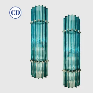 Italian Contemporary Minimalist Pair of Aquamarine Murano Glass Nickel Sconces