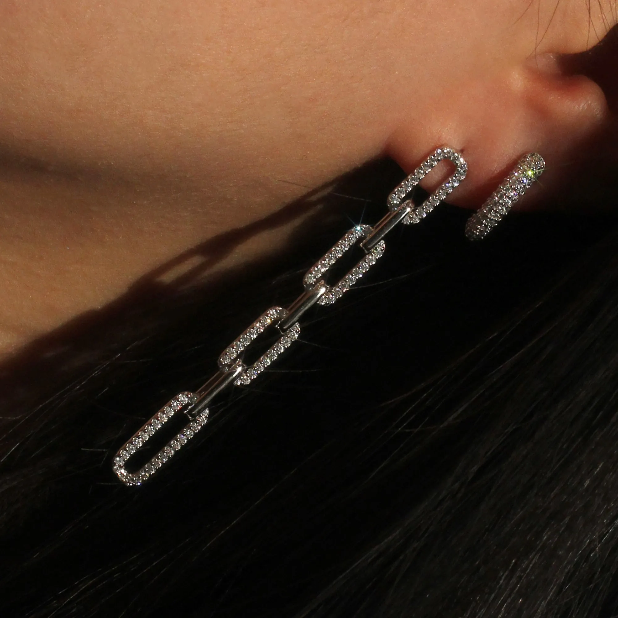 Long Pave Paperclip Chain Earrings