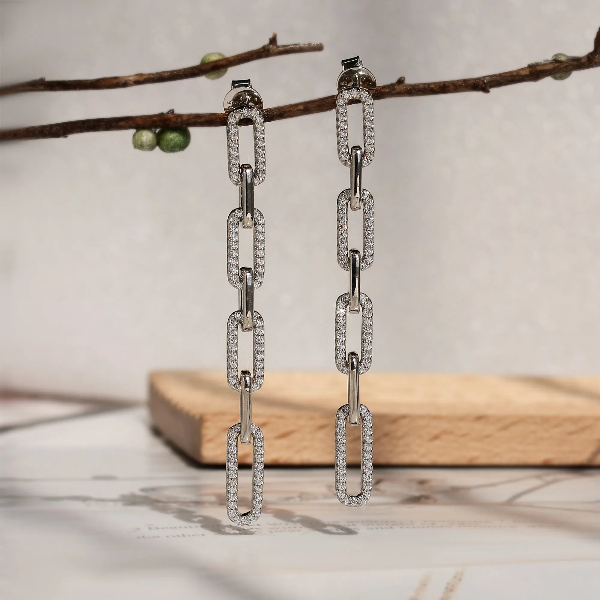 Long Pave Paperclip Chain Earrings