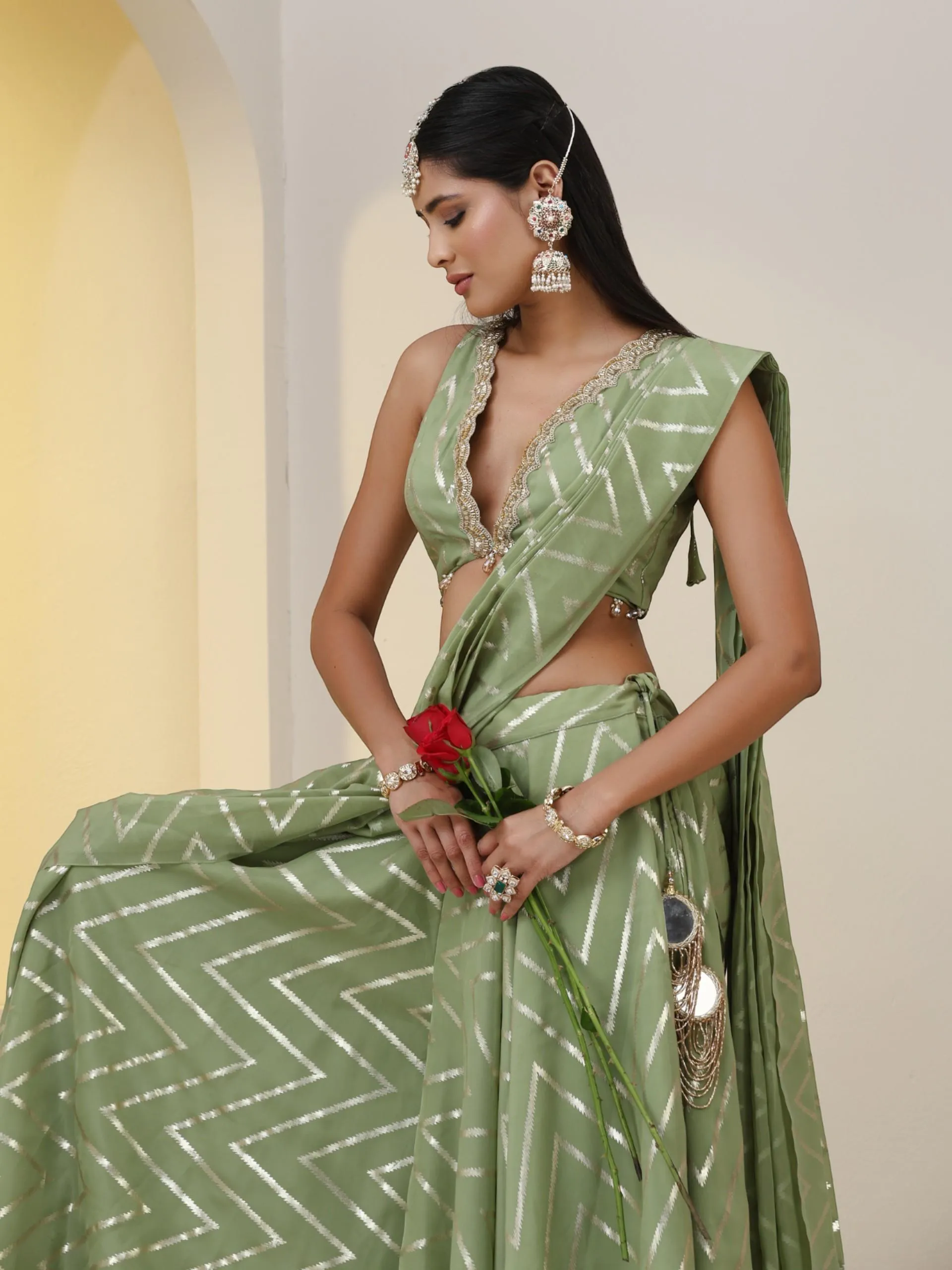 Mehndi Chevron Organza Sharara Saree with Blouse Fabric with Lace