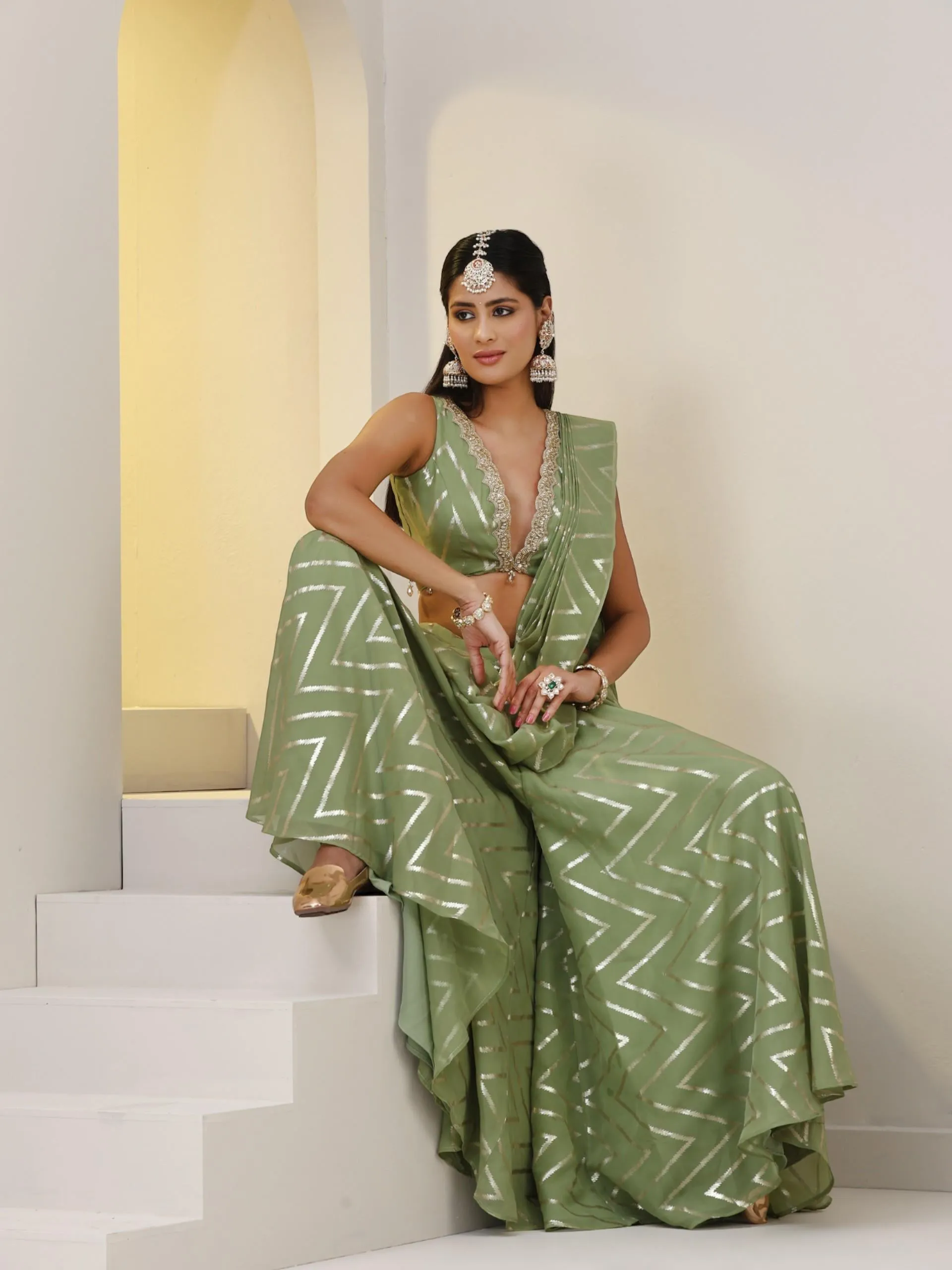 Mehndi Chevron Organza Sharara Saree with Blouse Fabric with Lace