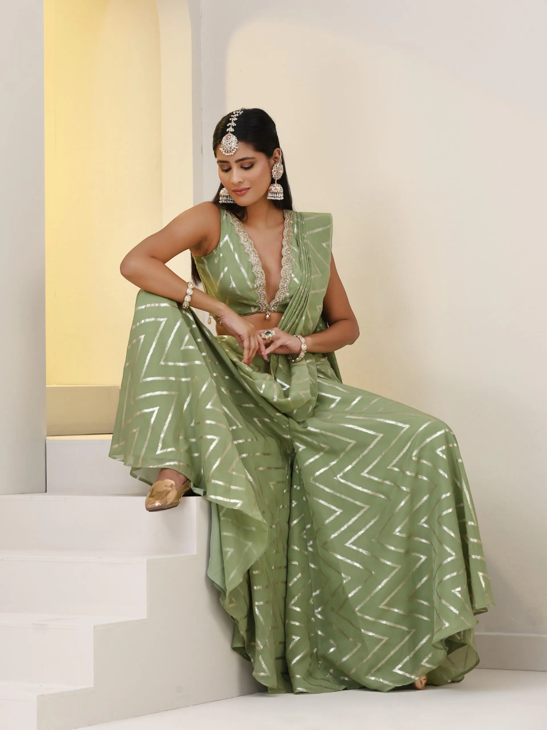 Mehndi Chevron Organza Sharara Saree with Blouse Fabric with Lace