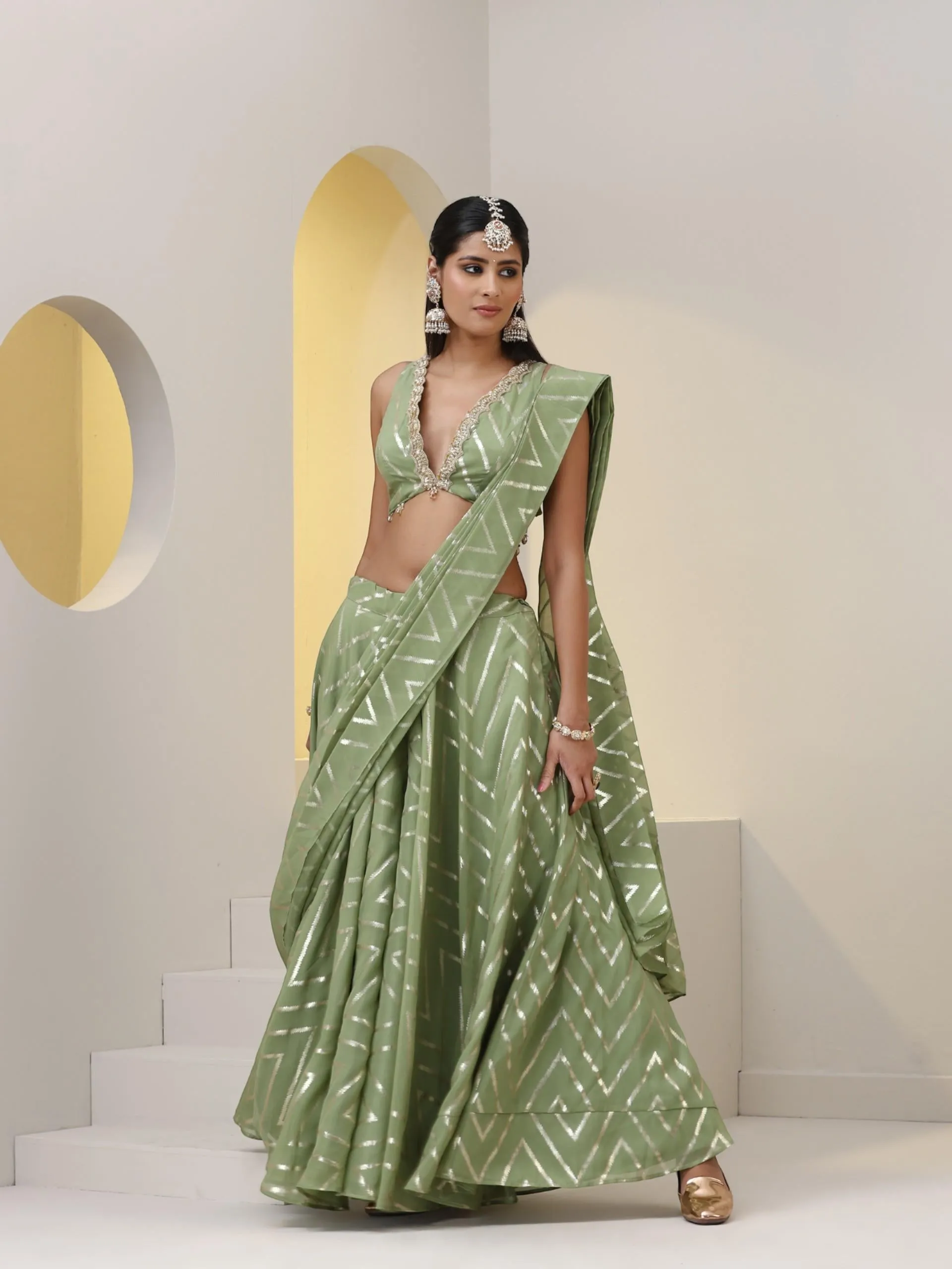 Mehndi Chevron Organza Sharara Saree with Blouse Fabric with Lace