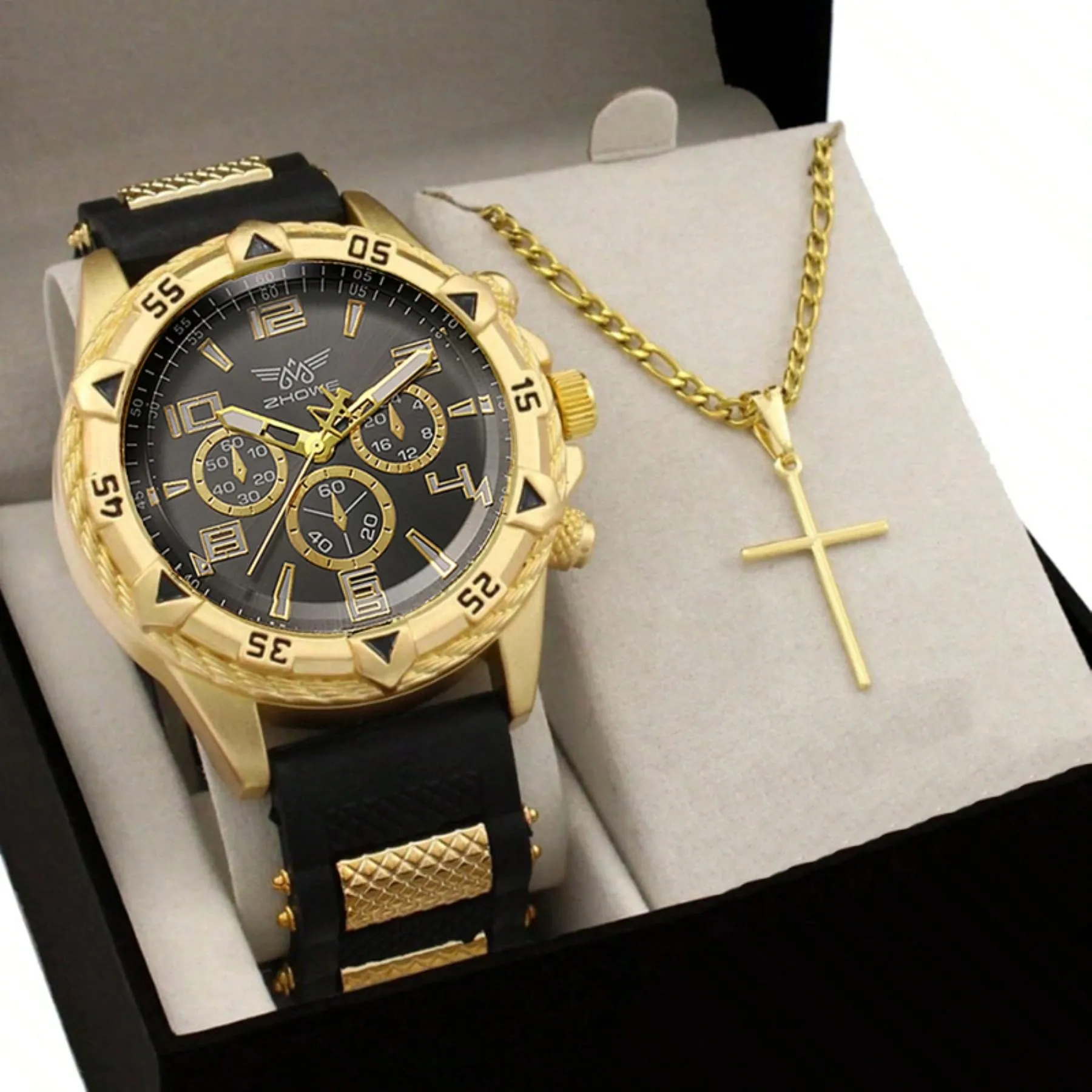 Men's Watch 2pcs Set   Necklace With Cross Rubber Fashion Casual Quartz Watch