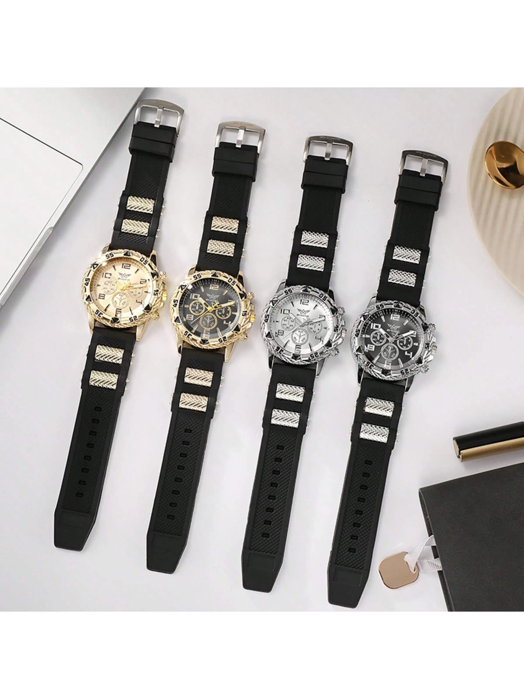 Men's Watch 2pcs Set   Necklace With Cross Rubber Fashion Casual Quartz Watch