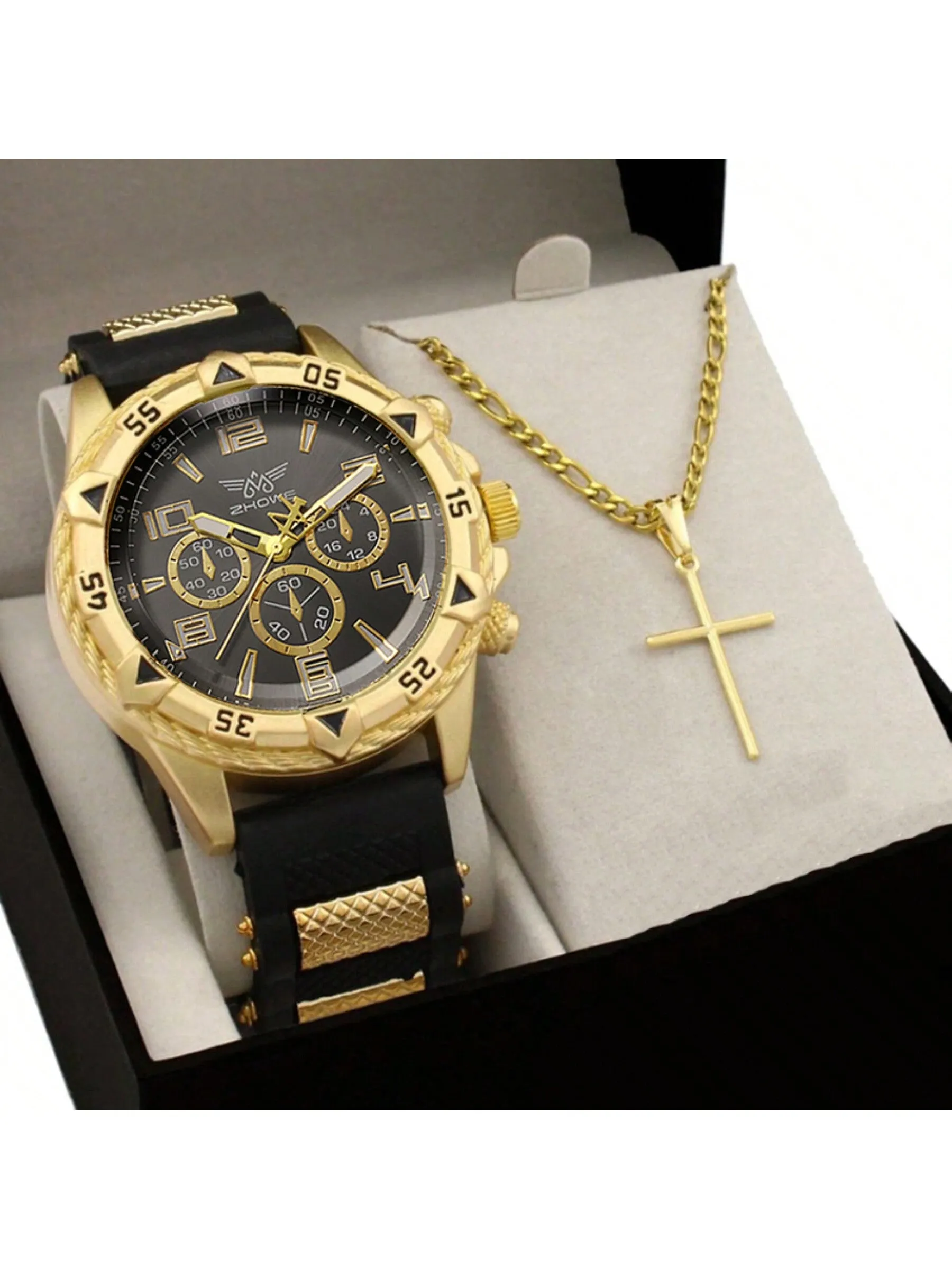 Men's Watch 2pcs Set   Necklace With Cross Rubber Fashion Casual Quartz Watch