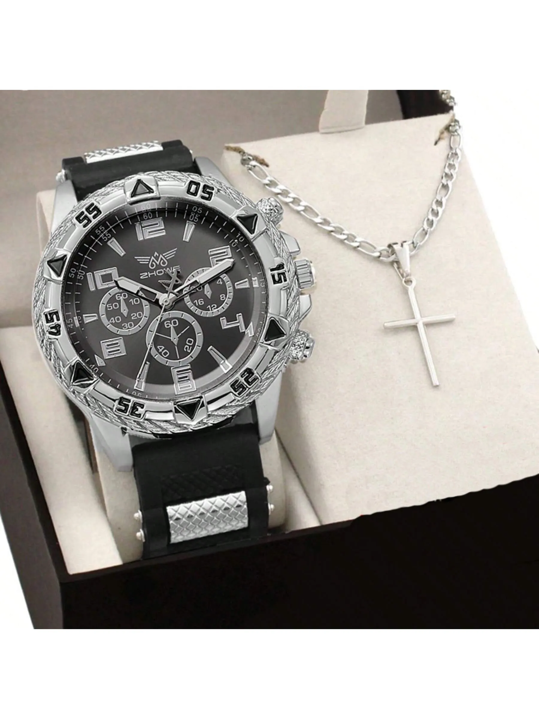 Men's Watch 2pcs Set   Necklace With Cross Rubber Fashion Casual Quartz Watch