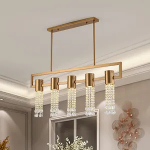 Modern Crystal Draping Brass Island Pendant Lighting Fixture - 15-Light Linear Suspension