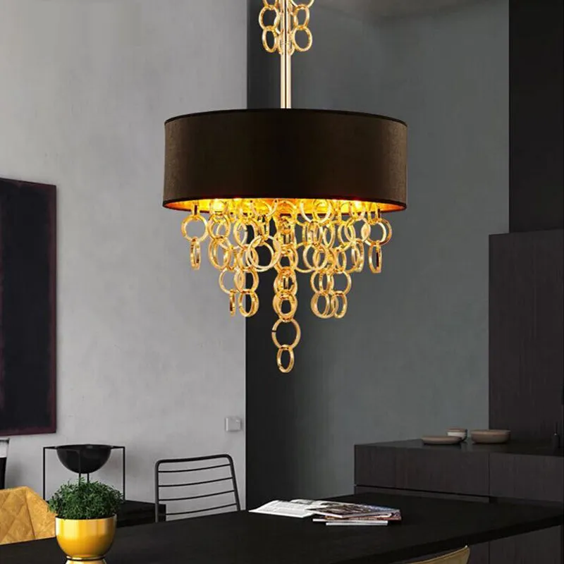 Modern Metal Ceiling Chandelier with 3 Black and Gold Lights - Multi Rings, Drum Fabric Shade