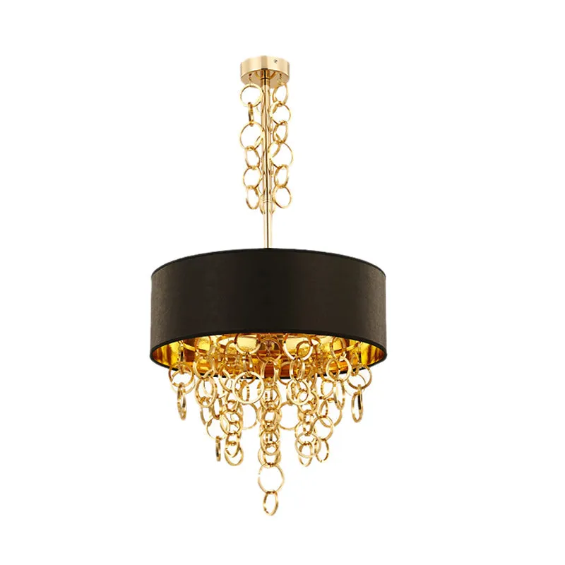 Modern Metal Ceiling Chandelier with 3 Black and Gold Lights - Multi Rings, Drum Fabric Shade