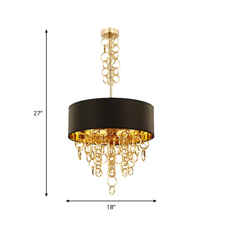 Modern Metal Ceiling Chandelier with 3 Black and Gold Lights - Multi Rings, Drum Fabric Shade