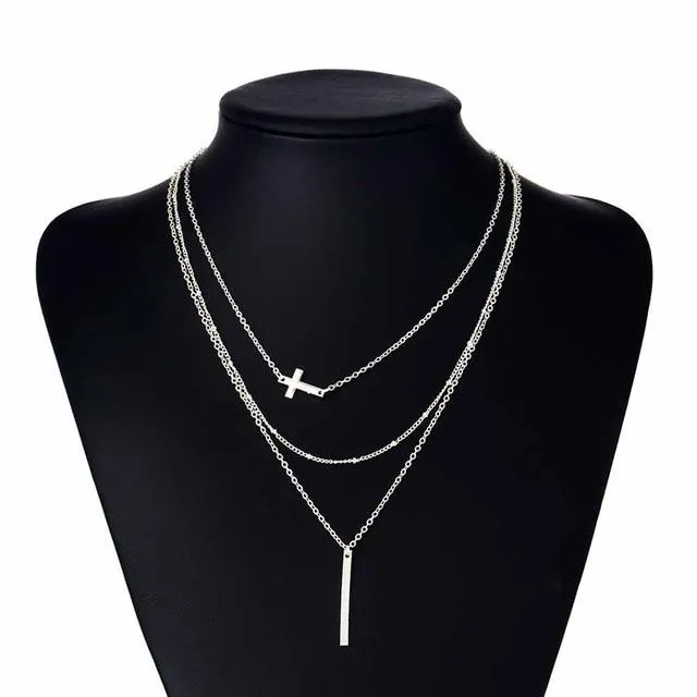 Multilayer Chain Necklace with Horizontal Cross and Long Vertical Plate Pendant