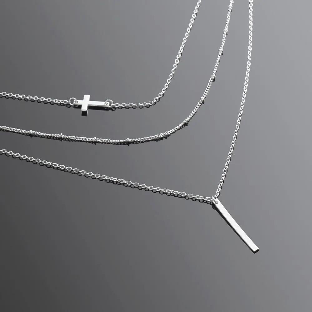 Multilayer Chain Necklace with Horizontal Cross and Long Vertical Plate Pendant