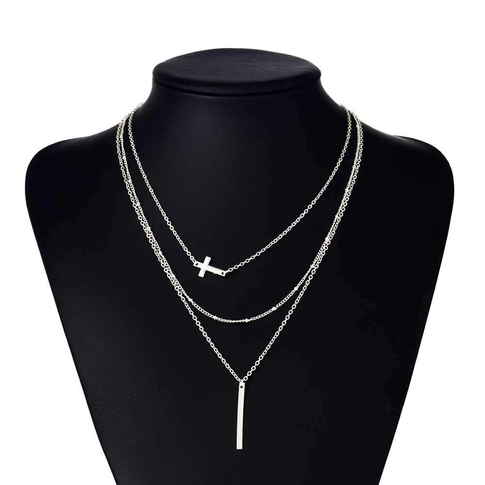 Multilayer Chain Necklace with Horizontal Cross and Long Vertical Plate Pendant