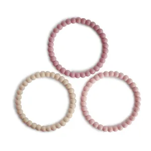 Mushie Silicone Pearl Teether Bracelets - Linen / Peony / Pale Pink