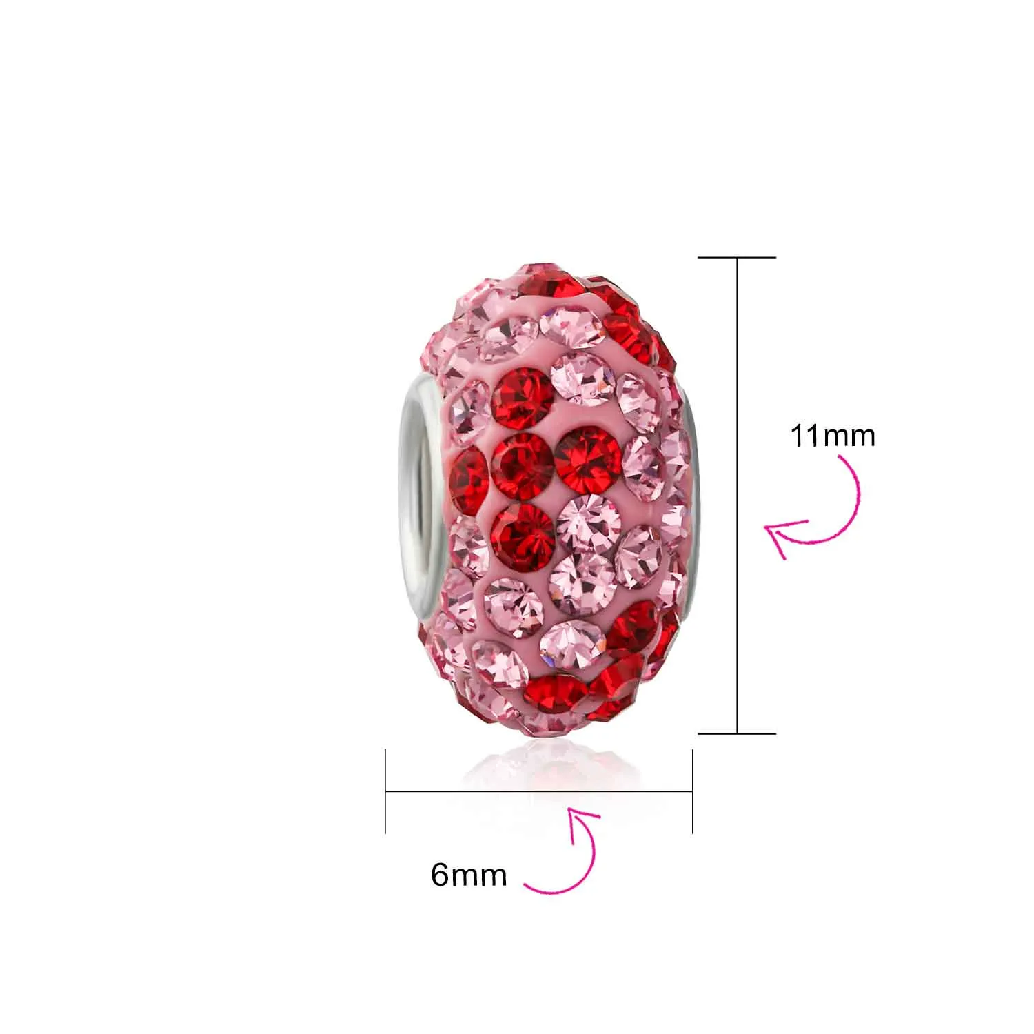 Pink Red Flower Crystal Bead Charm Spacer Sterling Silver for European Bracelet