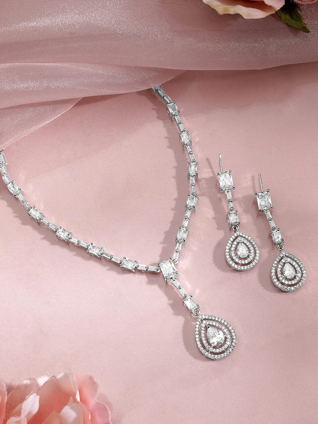 Rhodium Plated AD & Cubic Zirconia Studded Necklace Set with Teardrop Pendants