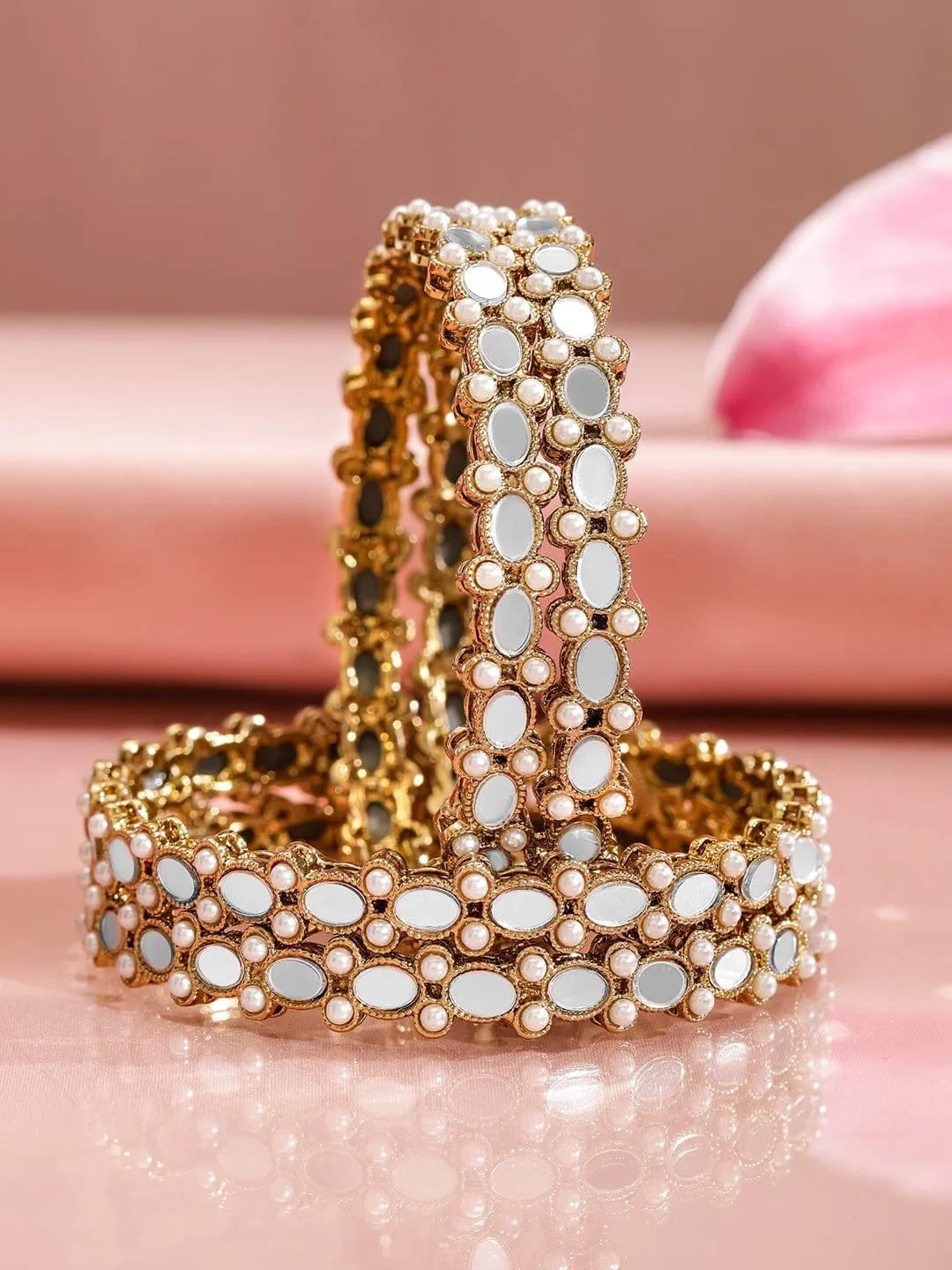 Rubans Set of 4 22K Gold-Plated Mirror-Studded Bangles with Pearl Beads