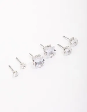 Silver Cubic Zirconia Square Graduated Earrings Pack