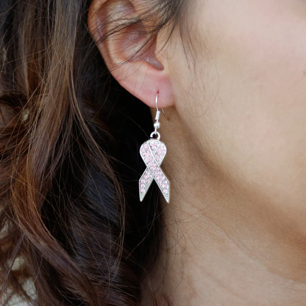 Silver Pink Ribbon Charm Dangle Earrings