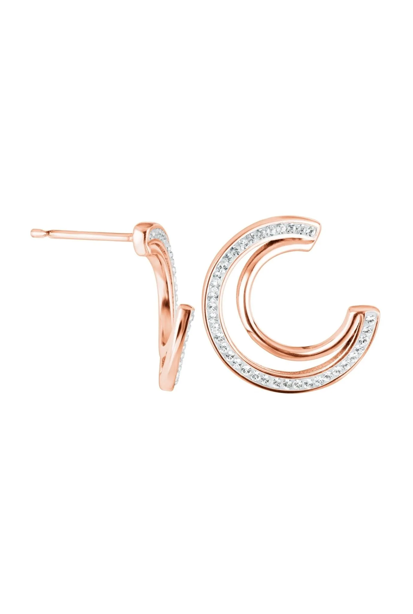 Sterling Silver Rose Gold Plated Crystal Double Crescent Stud Earrings