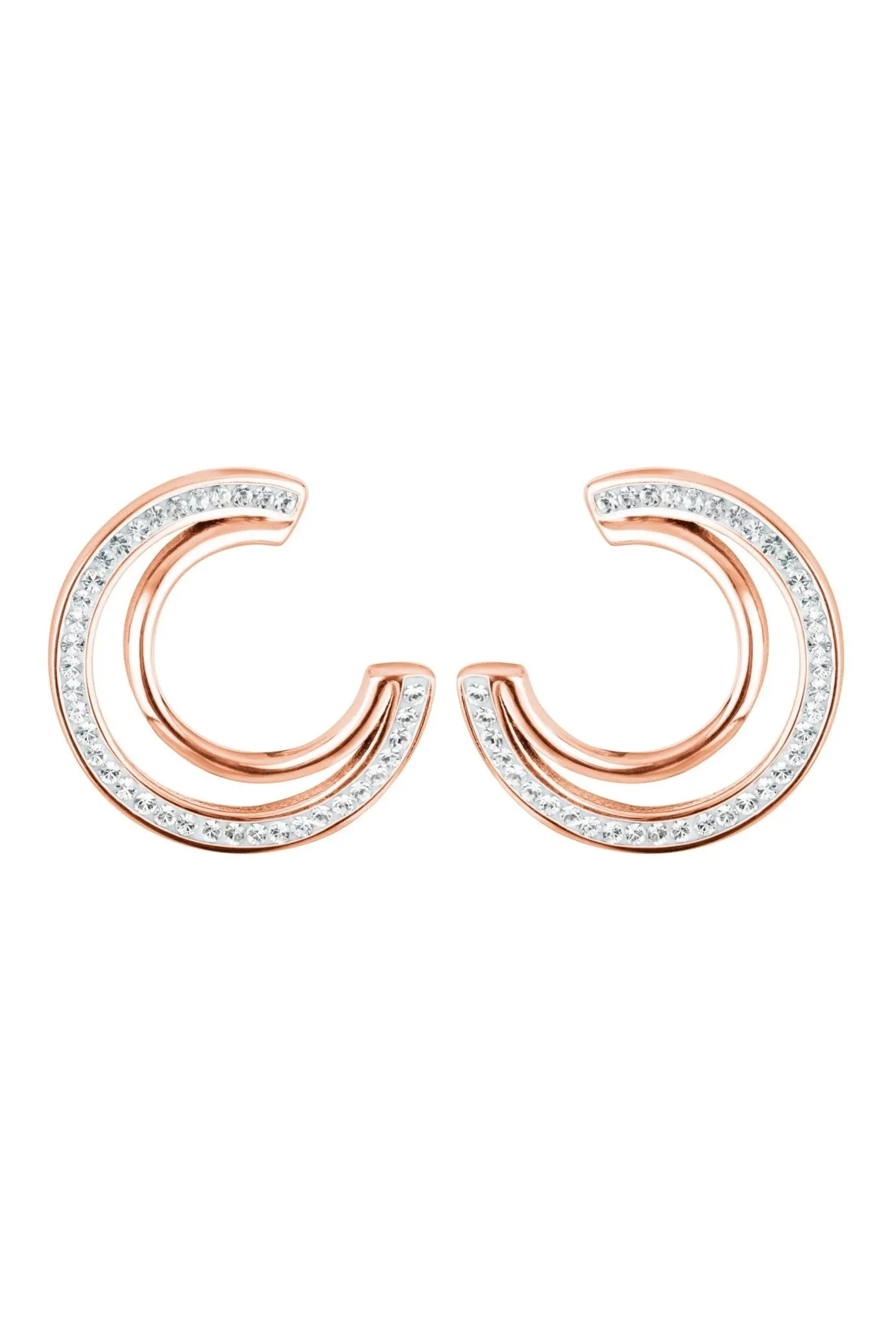 Sterling Silver Rose Gold Plated Crystal Double Crescent Stud Earrings