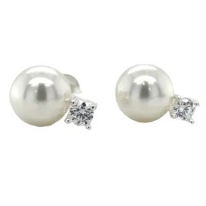 Sterling Silver Round Pearl And Cz Earrings