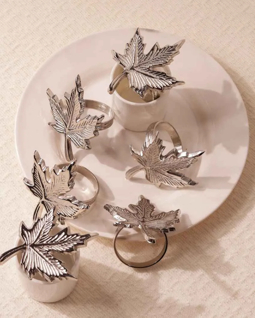 Stylish Silver Maple Leaf Napkin Rings Set | 2 x 2 inches