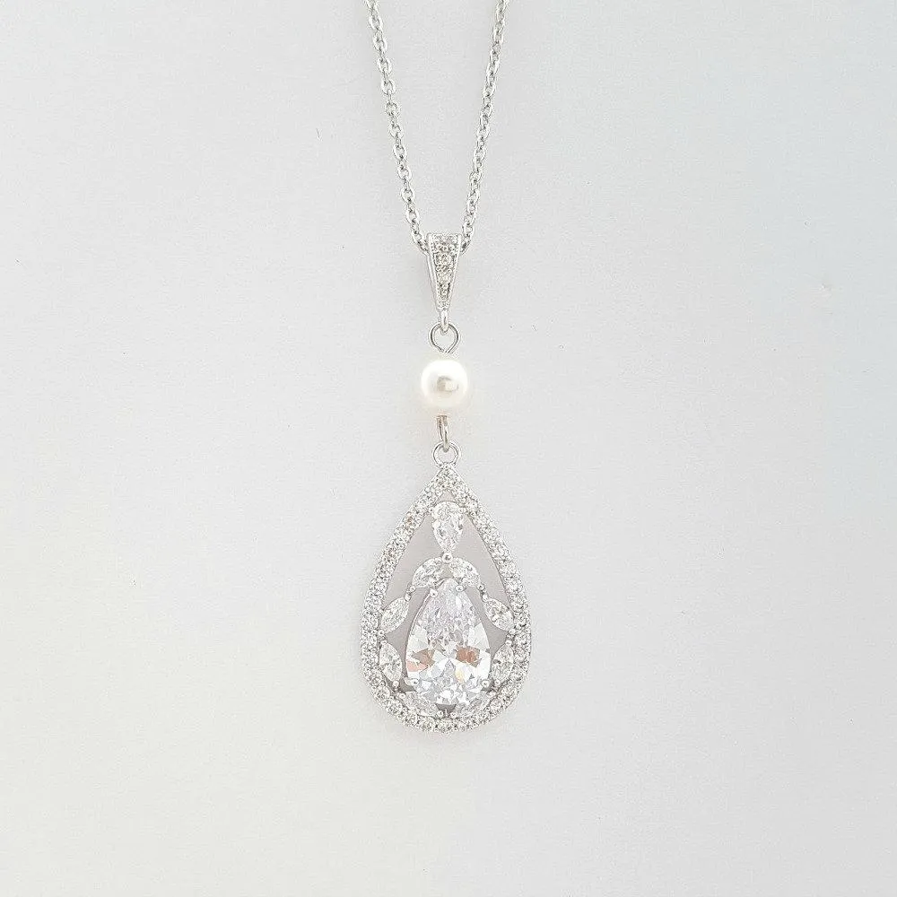 Teardrop Cubic Zirconia Pendant Necklace in 14K Gold for Weddings-Esther