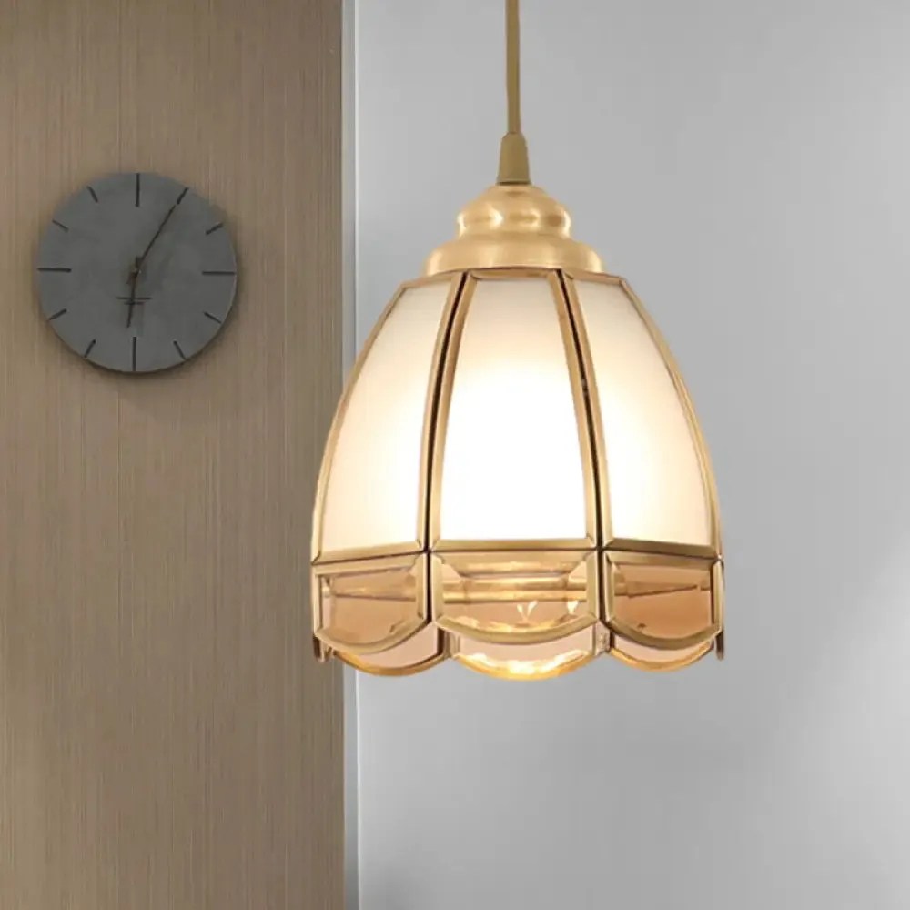 Traditional Frosted Glass Hanging Lamp Kit in Brass - 1 Light Pendant for Dining Room