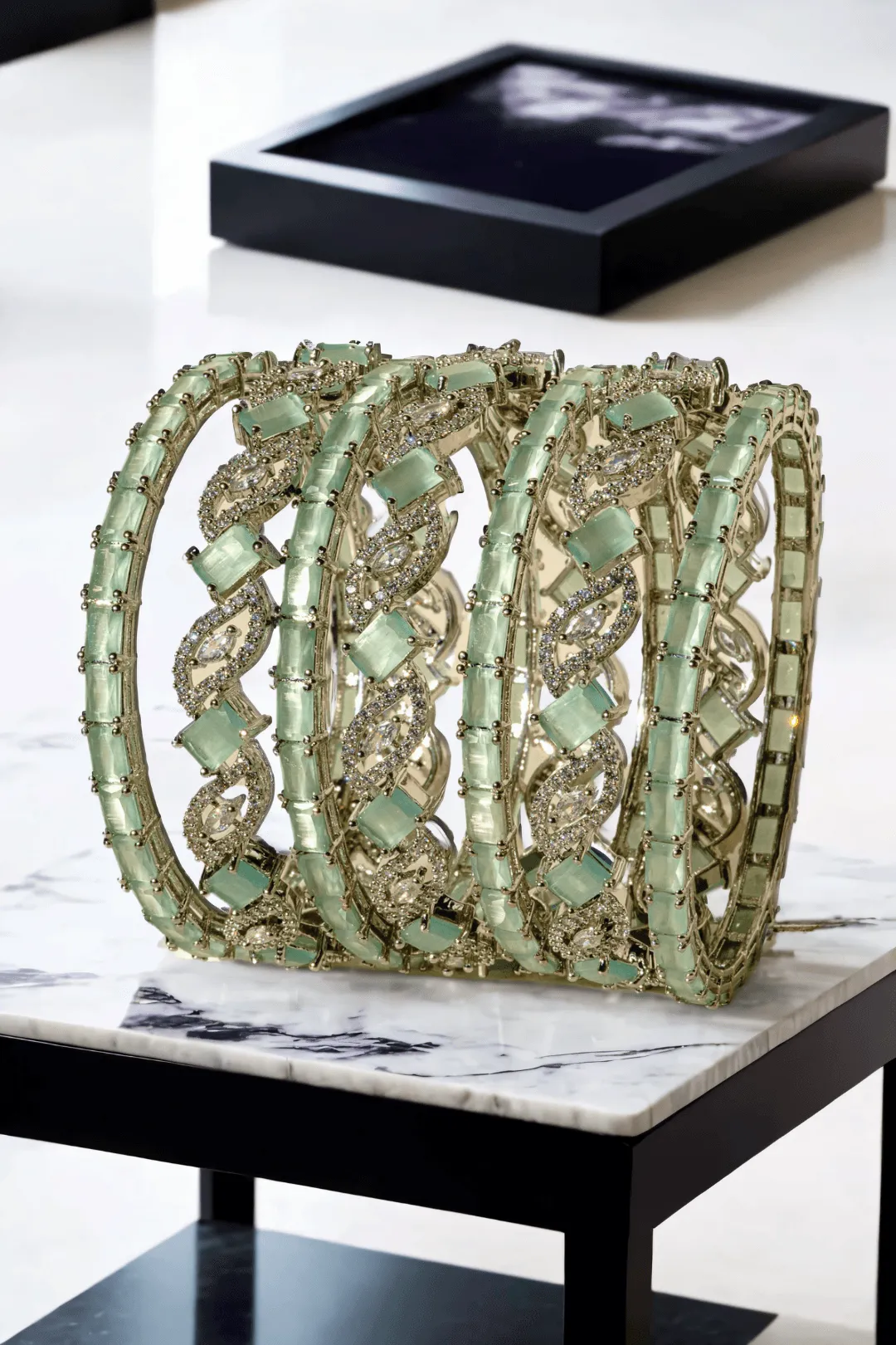 Vania - Rhodium Plated and Mint Green 7-Piece Bangle Set