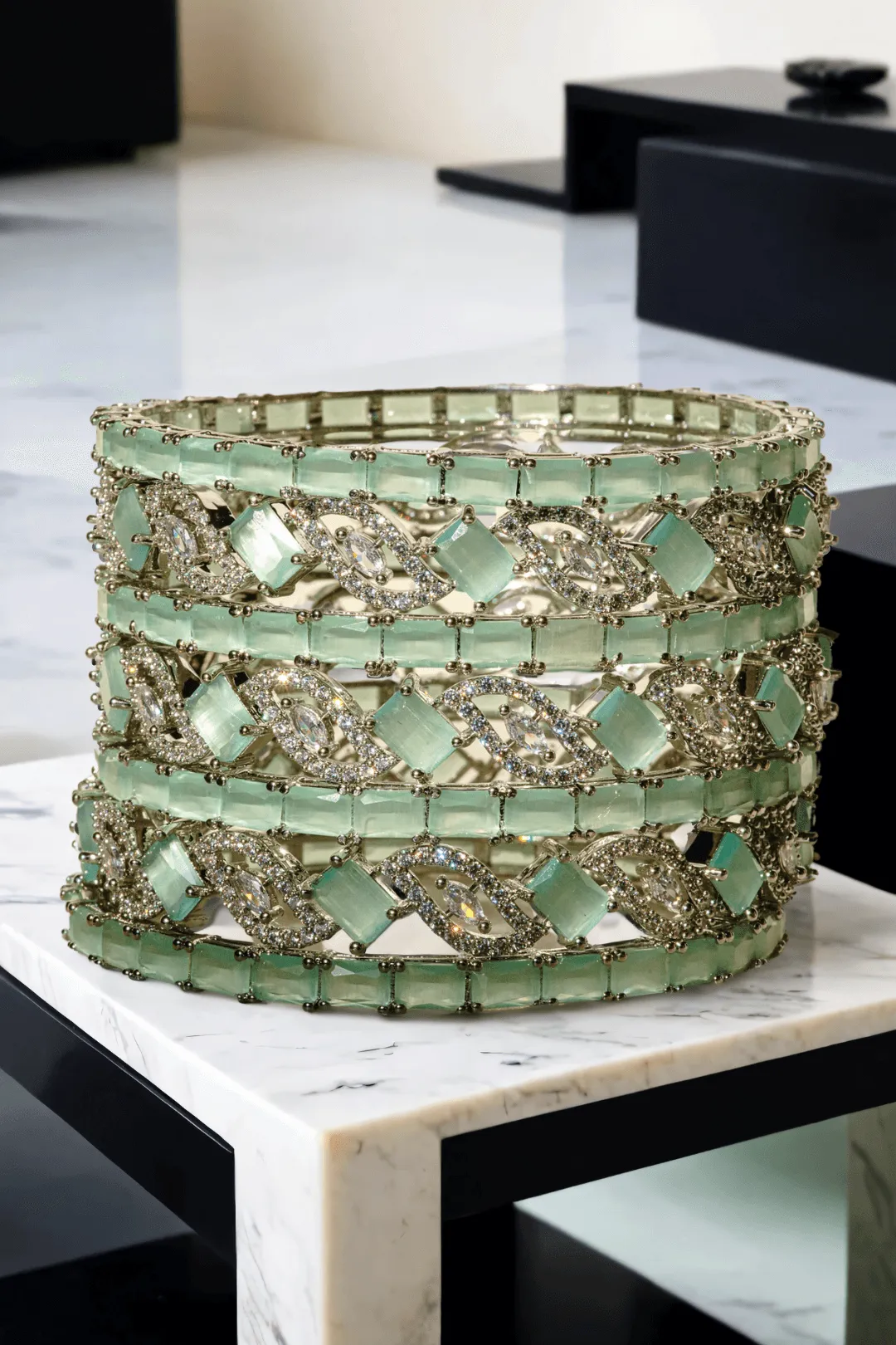 Vania - Rhodium Plated and Mint Green 7-Piece Bangle Set