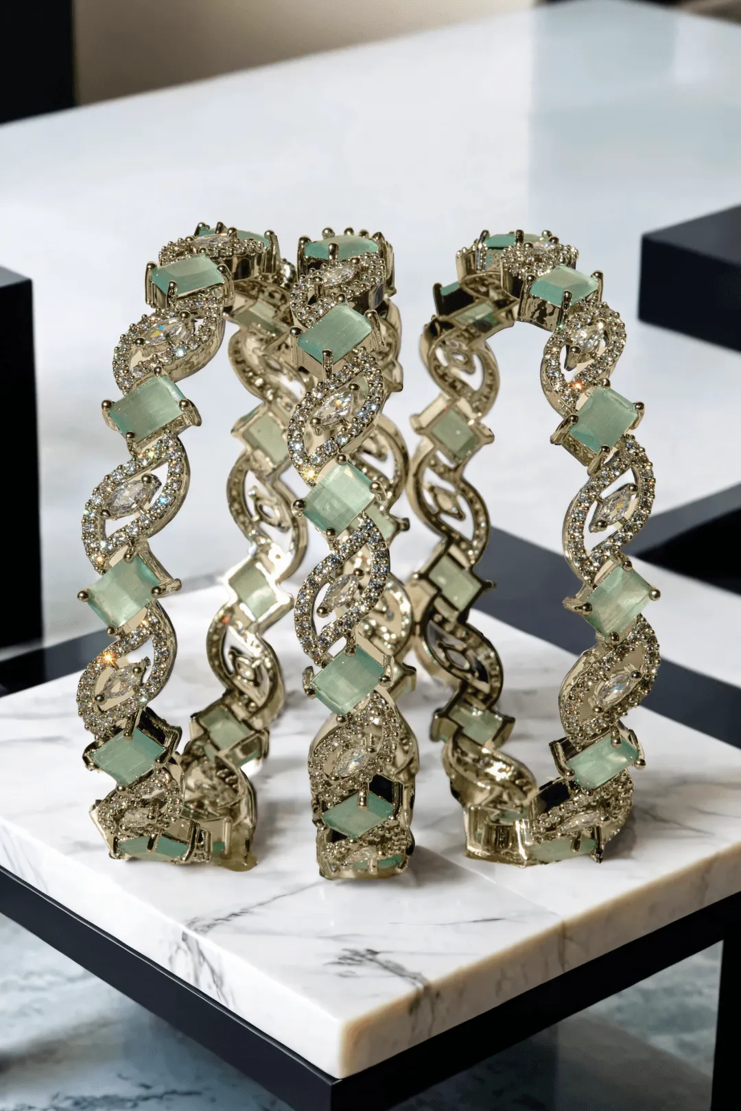 Vania - Rhodium Plated and Mint Green 7-Piece Bangle Set