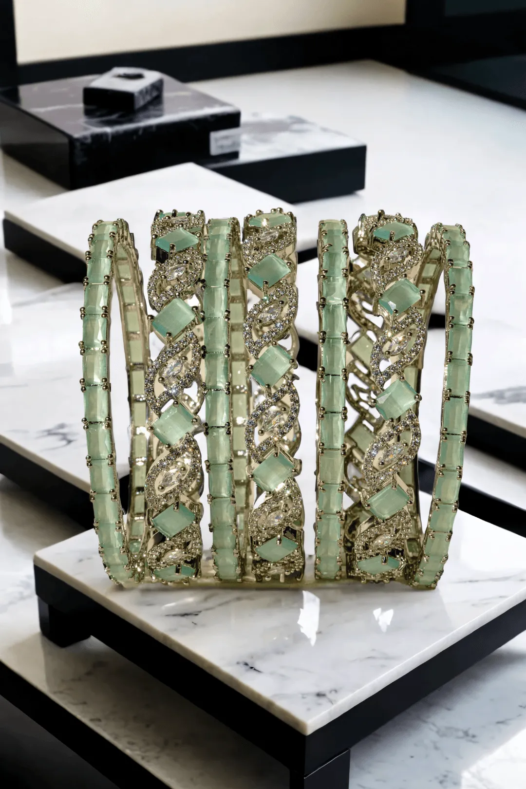 Vania - Rhodium Plated and Mint Green 7-Piece Bangle Set