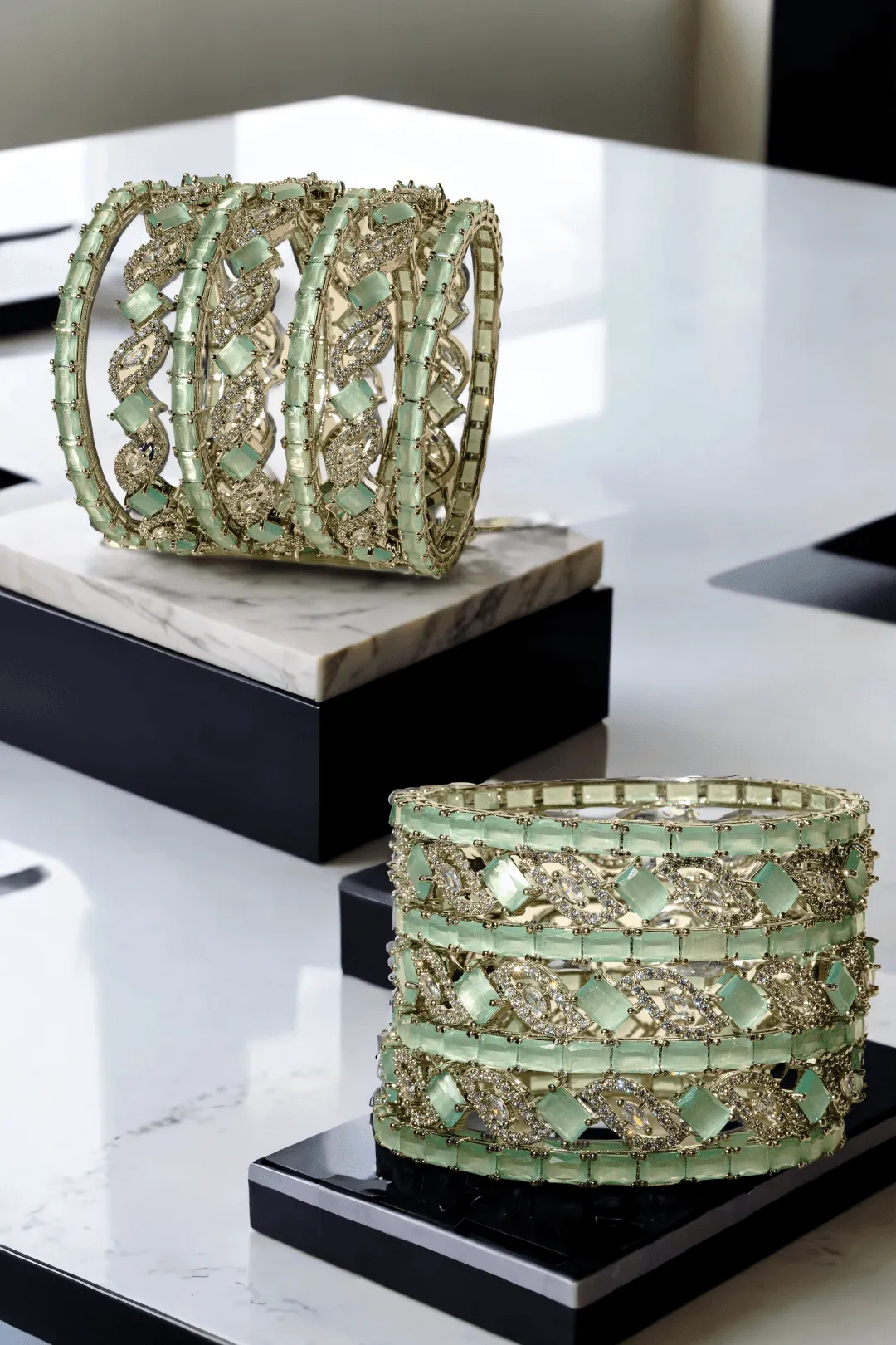 Vania - Rhodium Plated and Mint Green 7-Piece Bangle Set