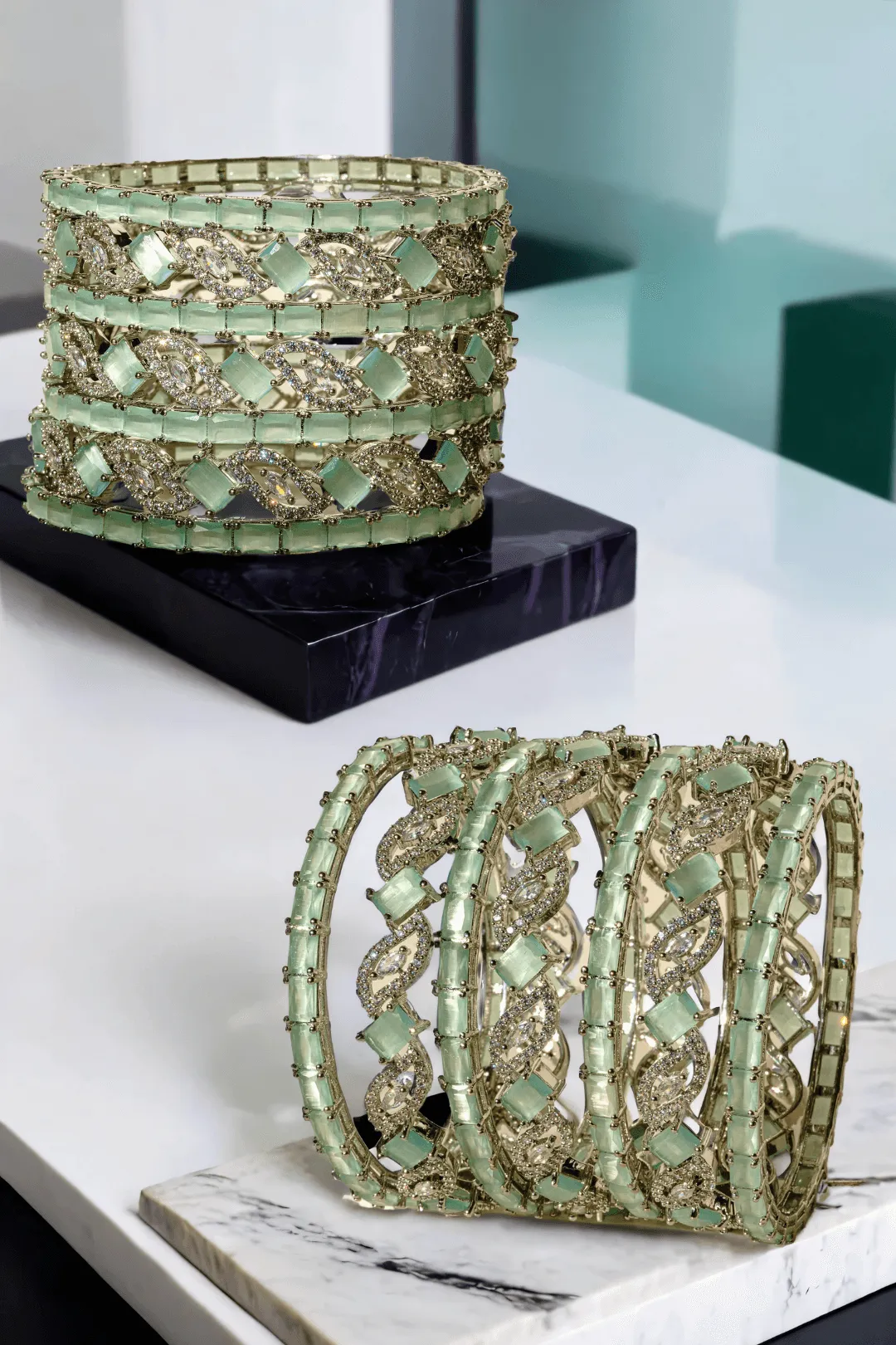 Vania - Rhodium Plated and Mint Green 7-Piece Bangle Set