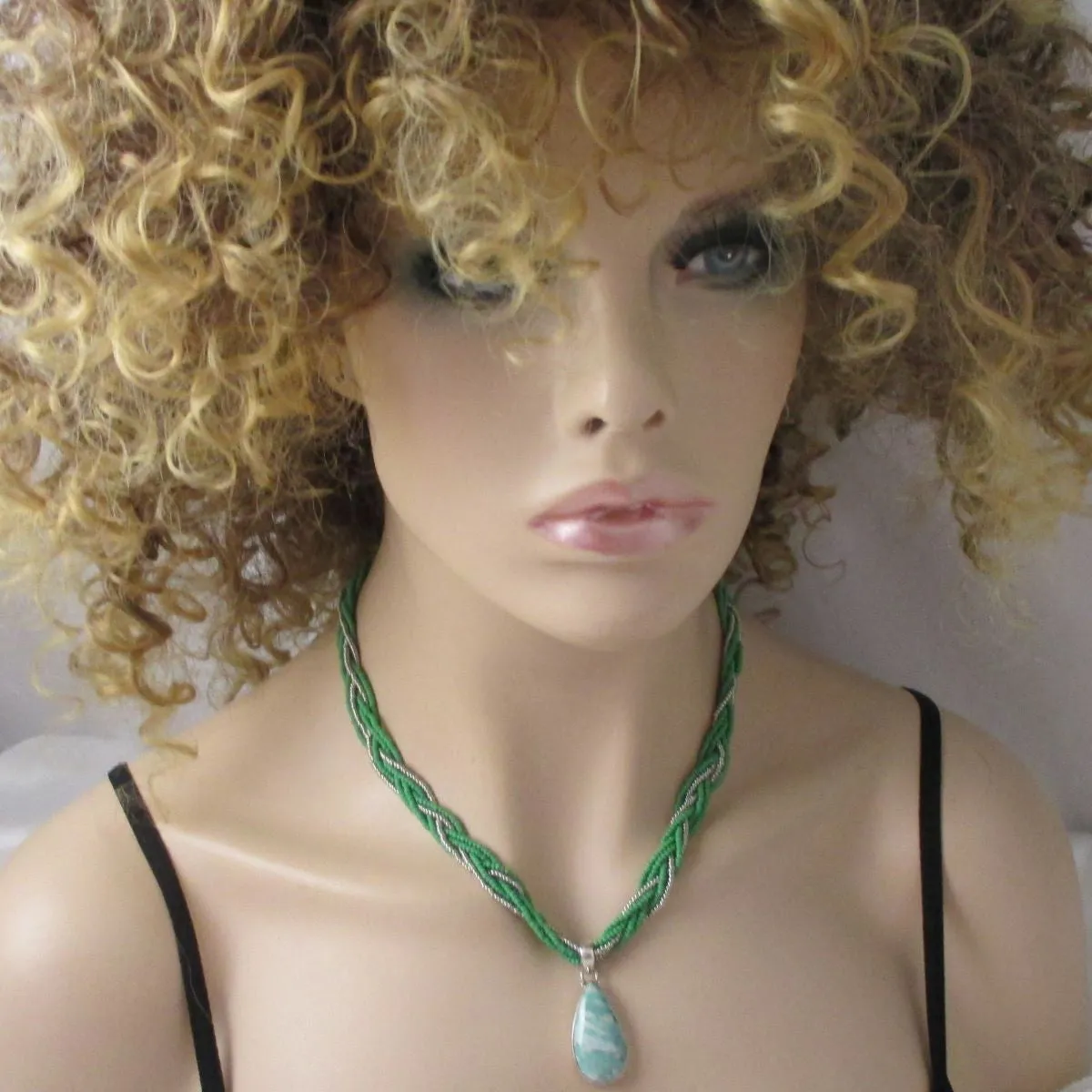 Vasonite Gemstone Pendant on  Green Multi-strand Necklace