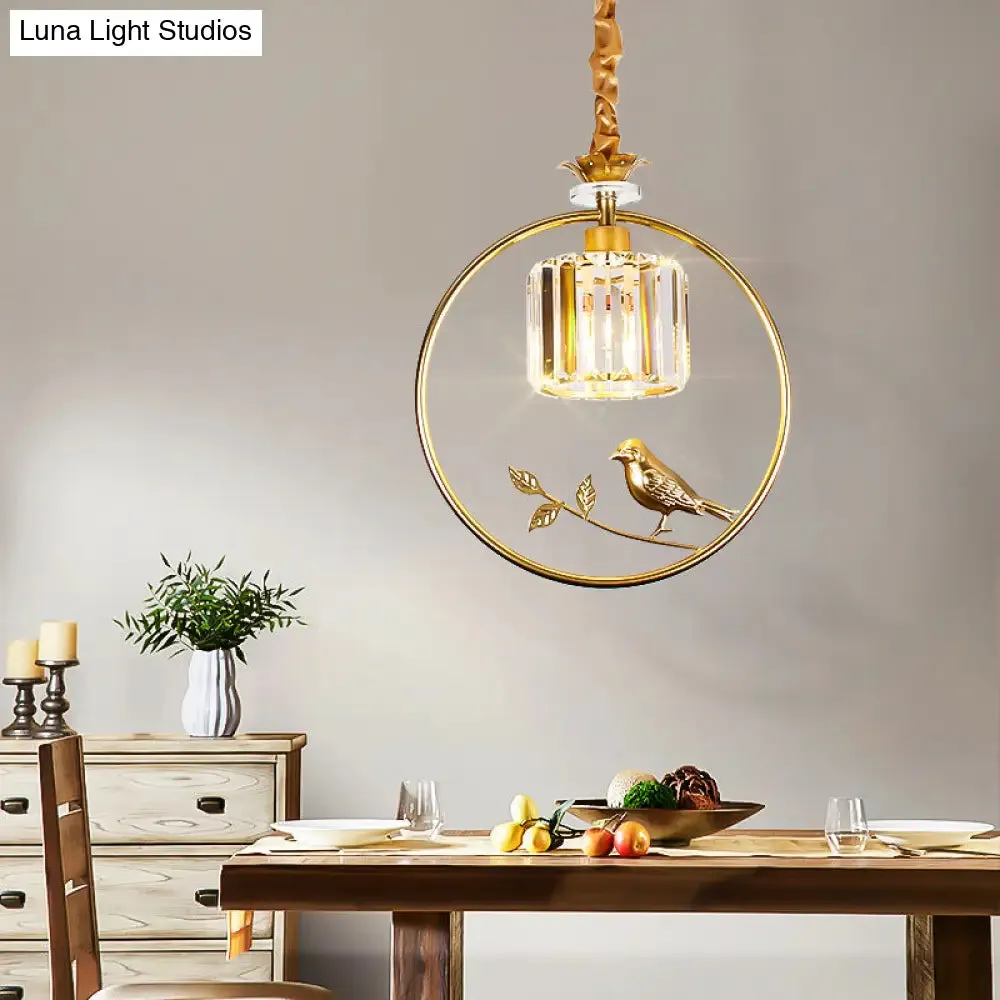 Vintage Style Clear Crystal Drum Ceiling Light with Bird Accent in Black/Gold