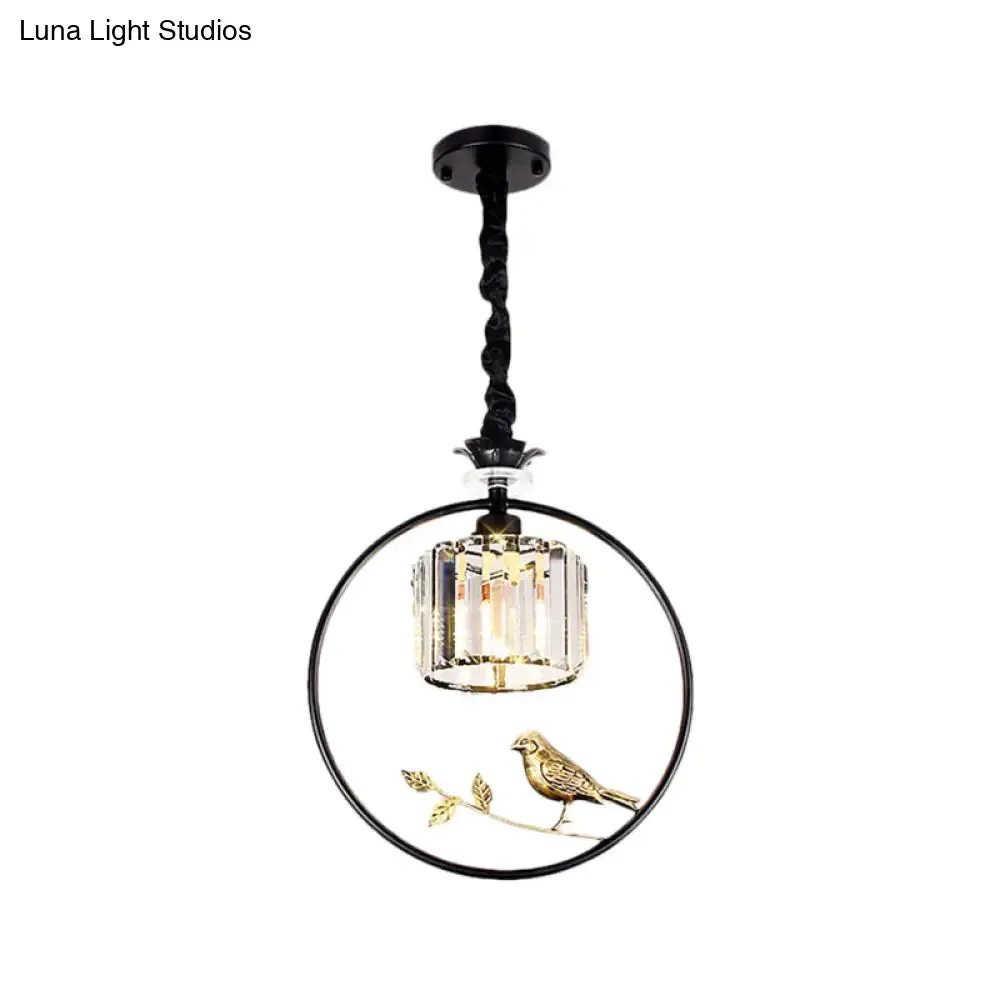 Vintage Style Clear Crystal Drum Ceiling Light with Bird Accent in Black/Gold